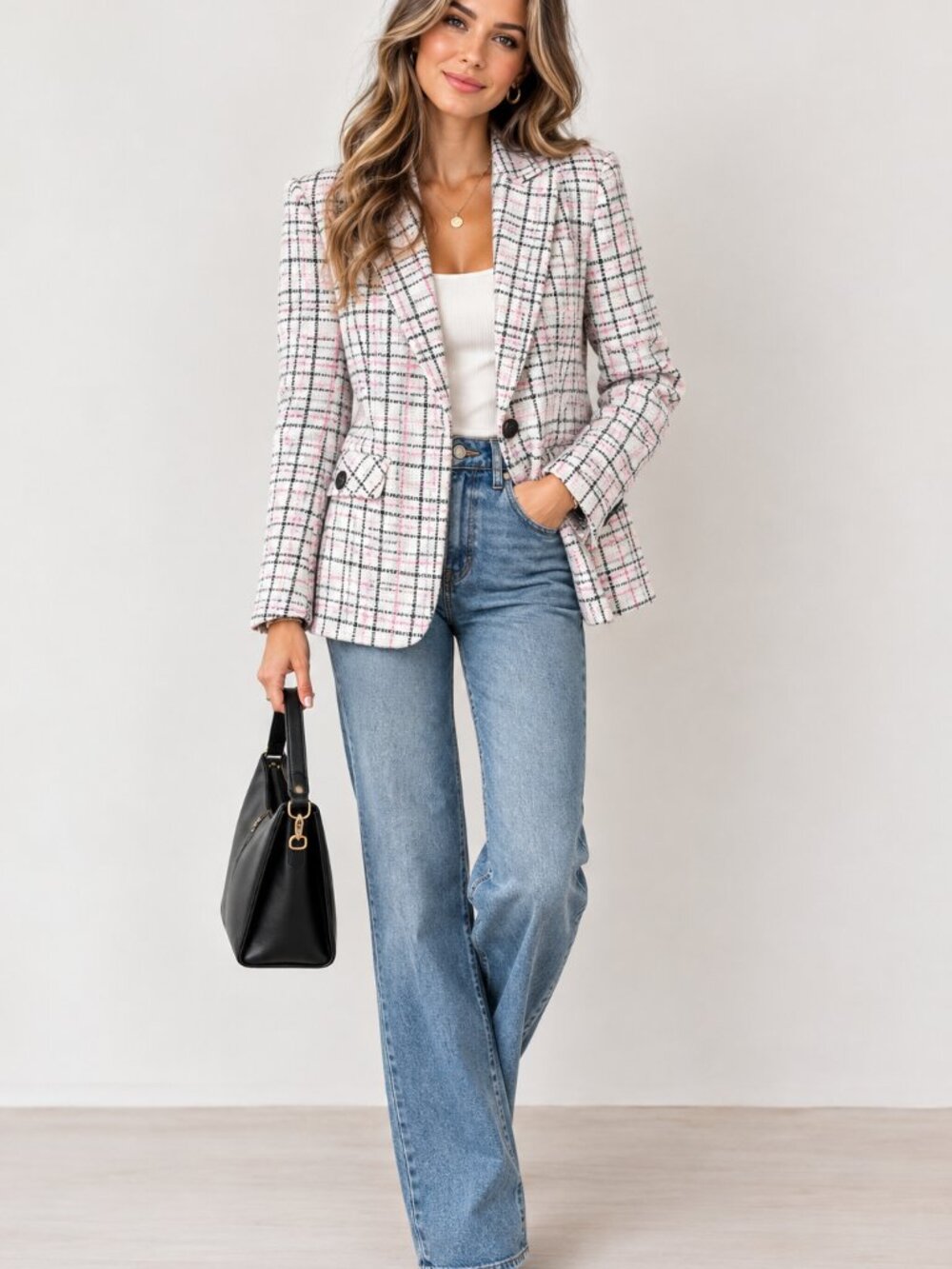 New KARL LAGERFELD PARIS Boyfriend Plaid Tweed Blazer Jacket Sportcoat